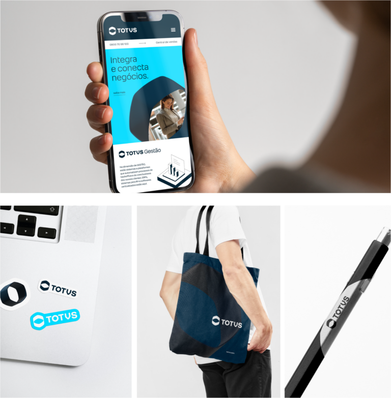 Itens diversos são modelos de aplicações da marca, como adesivos, mockup para celular, sacola e caneta